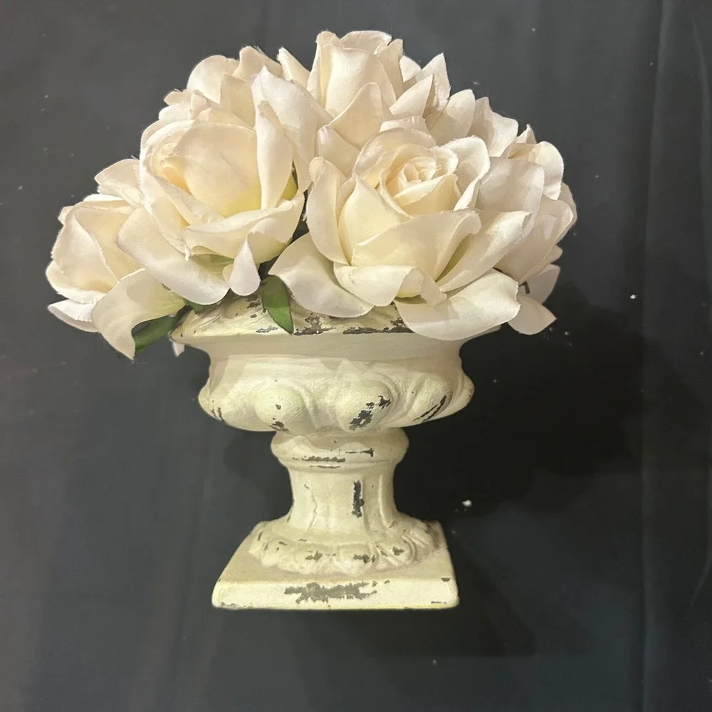 Distressed Cream Urn Planter w/White Faux Roses French Country Floral Home Decor
